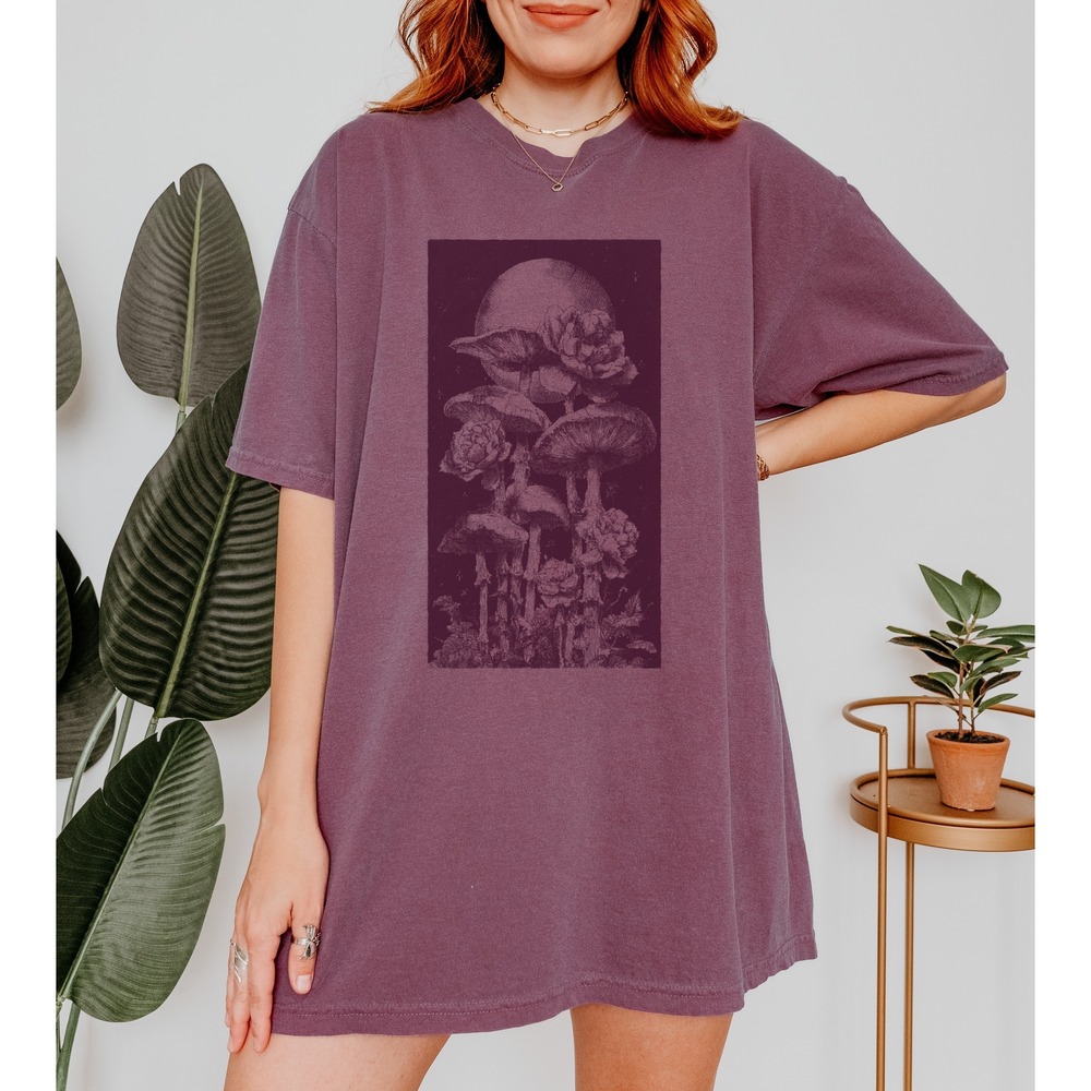Stacked Mushrooms Botanical Graphic Tee Black and White Nature Art